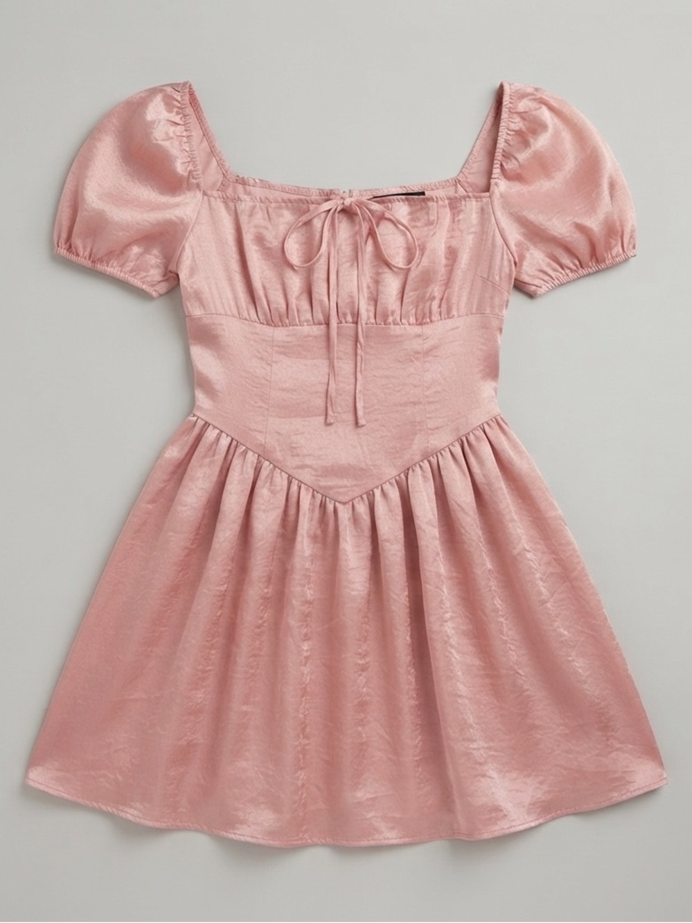 Girls' Blush Pink Puff-Sleeve Satin Dress with Tie Neck